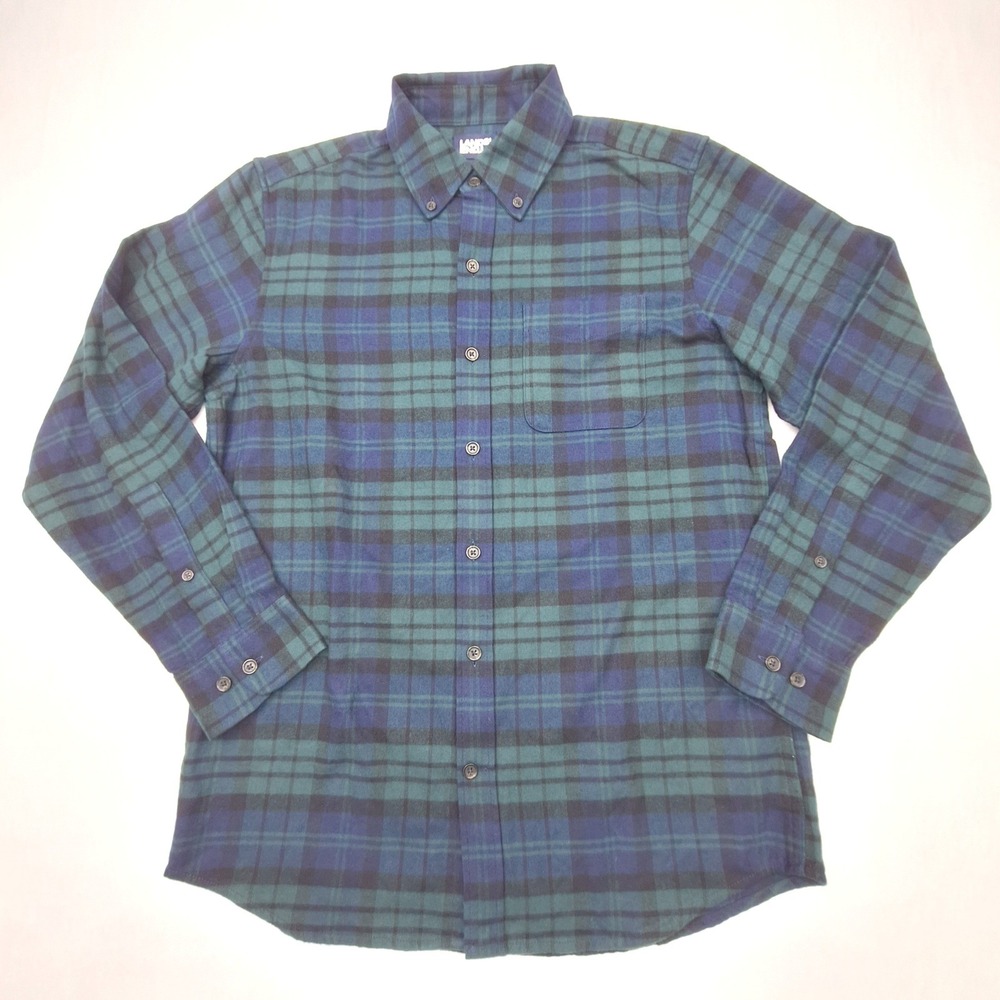 Lands End Flannel Shirt Mens Medium Green Blue Plaid Traditional Fit Cotton